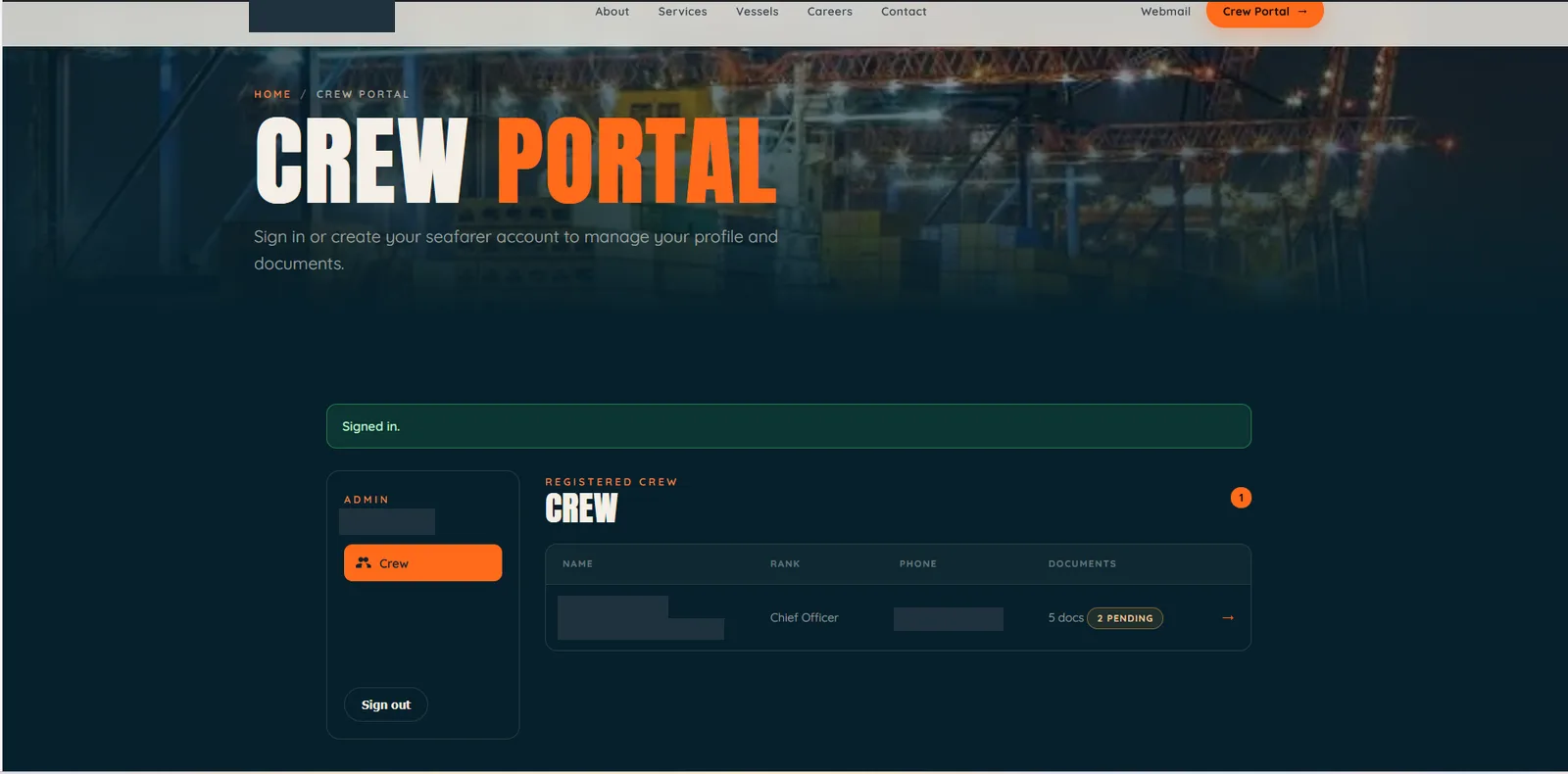 The crew portal administration view, listing a registered crew member with rank, phone and a count of documents pending review. Wordmark, administrator name, crew name, email and phone all redacted.