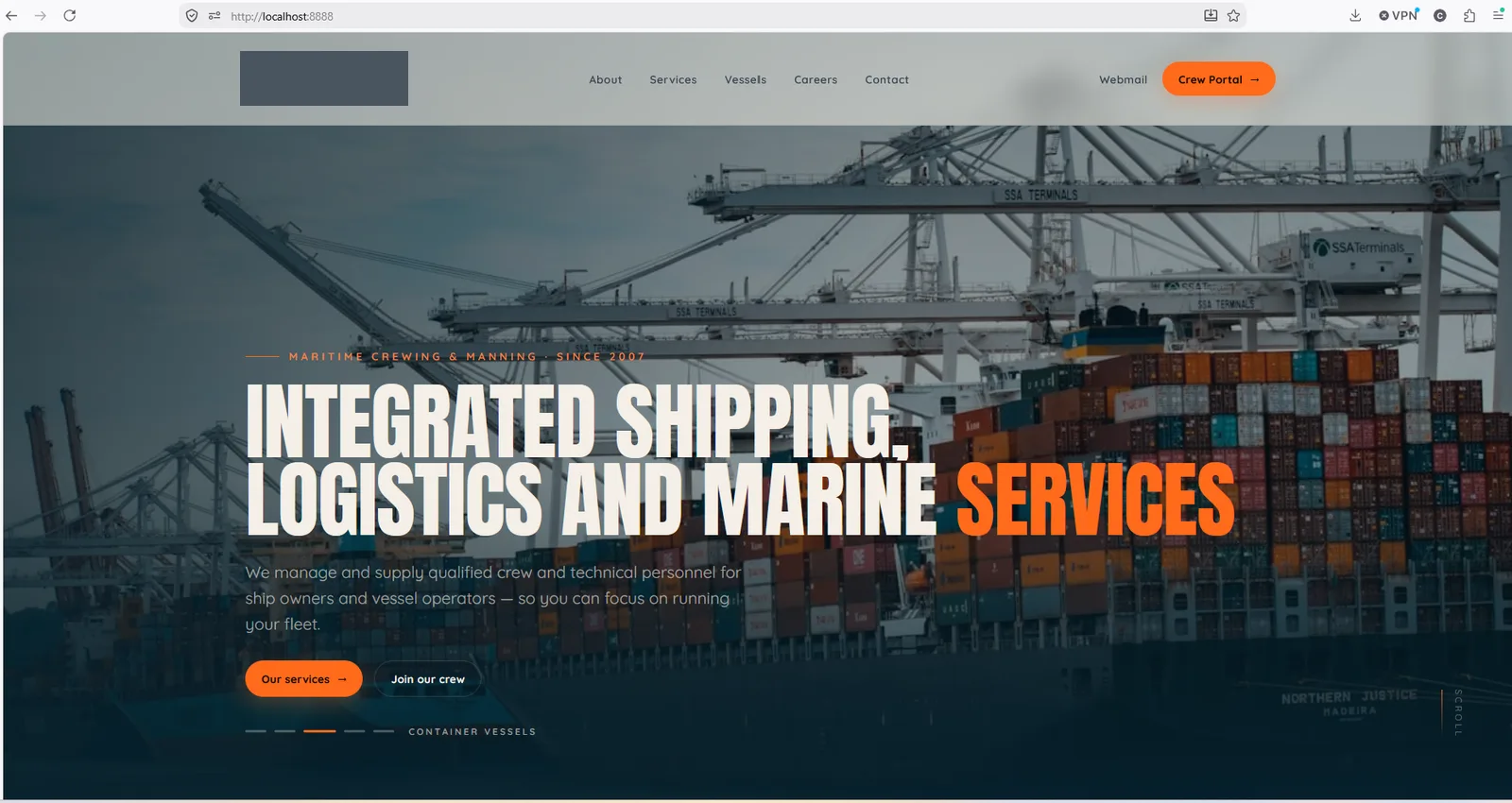The rebuilt home page: a full-bleed photograph of a container terminal behind a large headline, supporting copy and two calls to action. Company wordmark redacted.