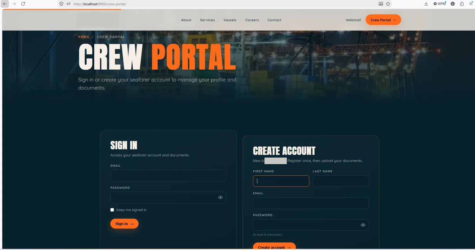 The crew portal sign-in page, with a sign-in form beside a create-account form asking for name, email and password. Company wordmark and name redacted.