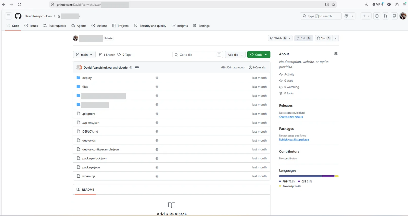 The project repository, showing the theme, the crew-portal plugin, the deploy script and its example configuration. Repository and directory names redacted.