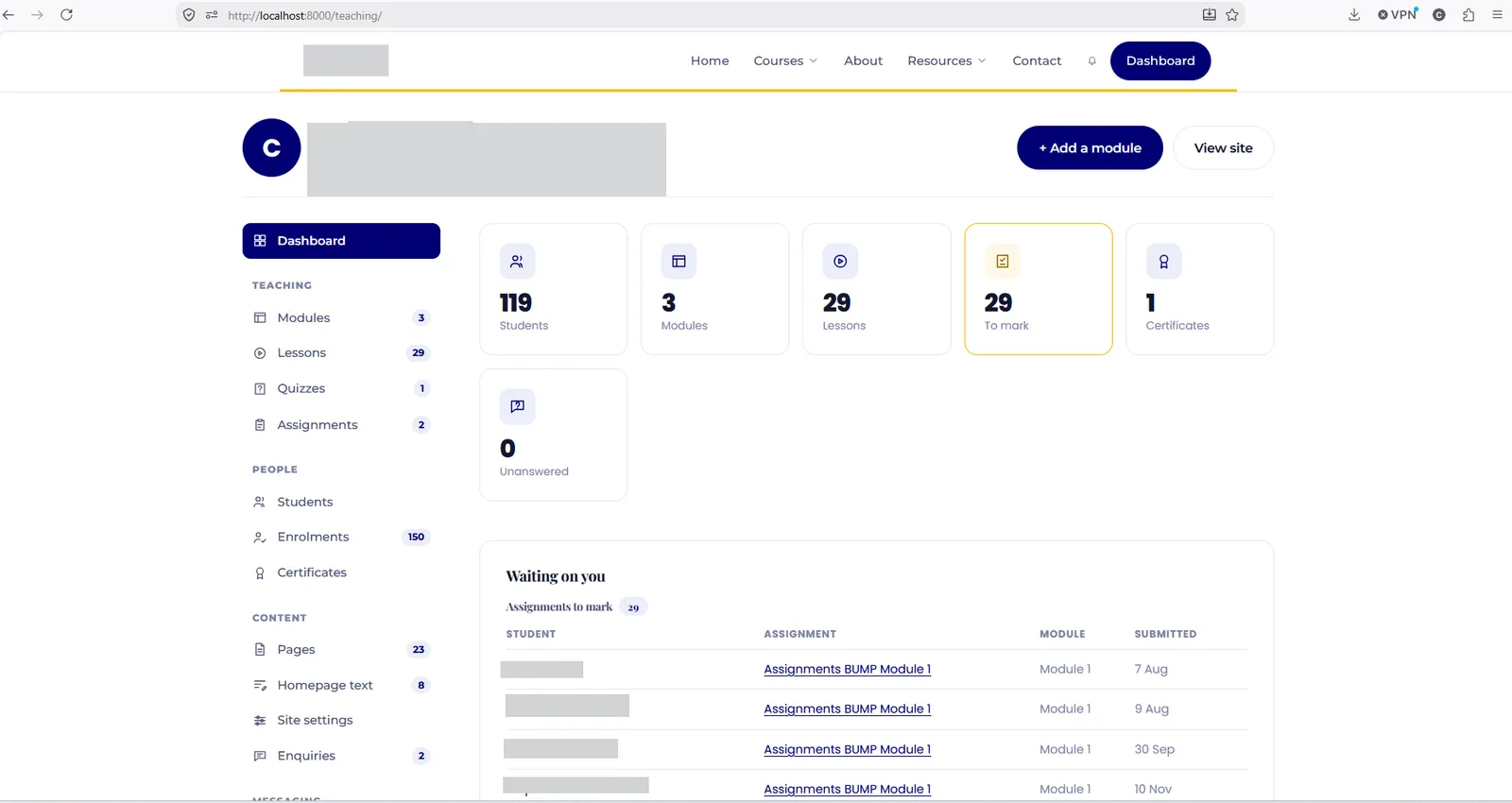 The instructor dashboard, showing counts for modules, lessons, assignments awaiting marking and certificates, above a list of submitted work. Organisation logo, administrator name and all student names redacted.