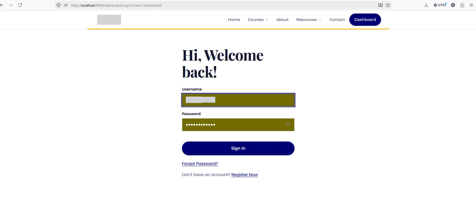 The sign-in screen for the platform, with the organisation logo and the username redacted.