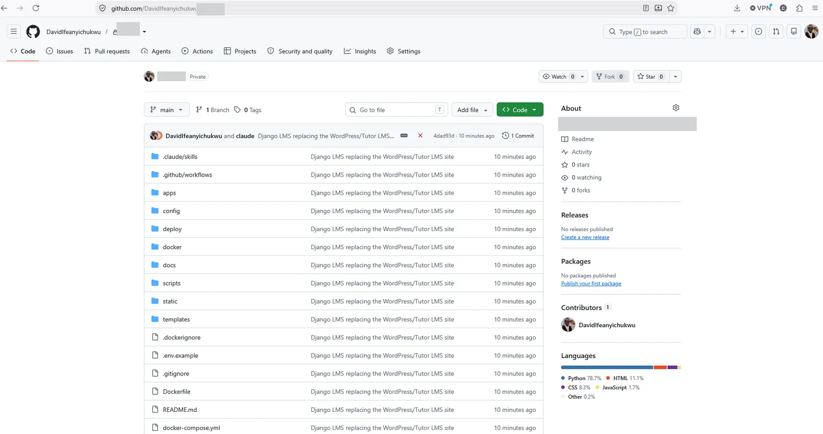 The platform repository, showing the Django application directories, CI workflows and Docker configuration. Repository name and description redacted.
