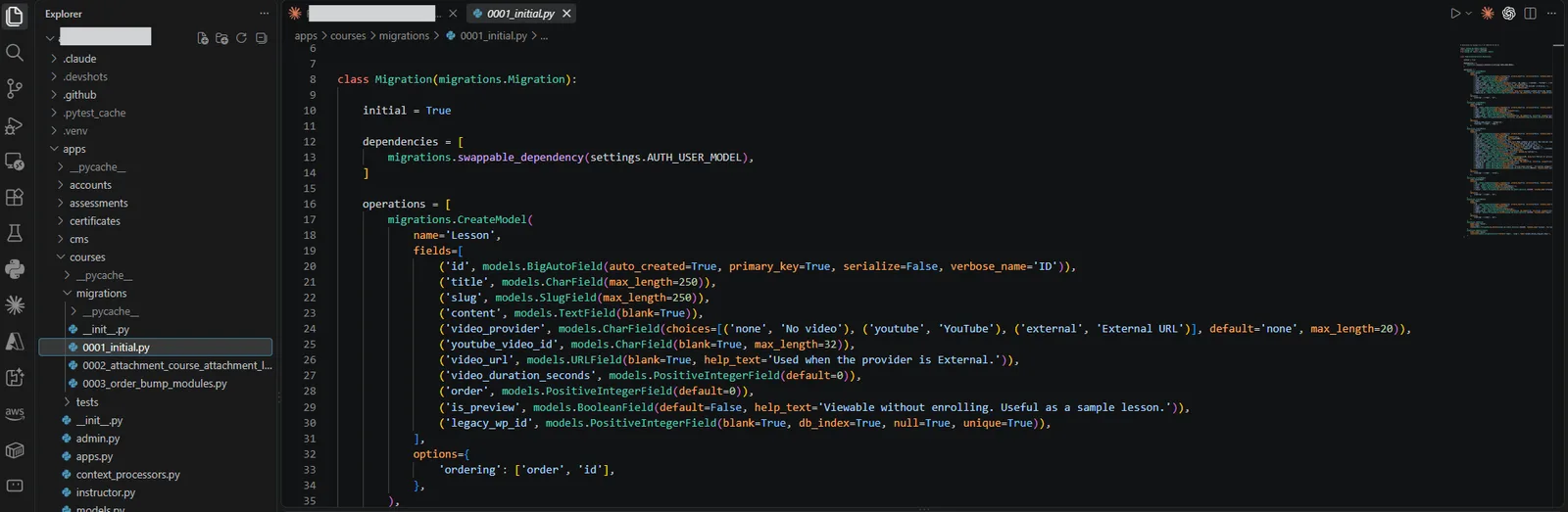 The platform source in an editor: the application tree listing accounts, assessments, certificates, CMS and courses, beside a Django migration defining the Lesson model. Project path and identifying names removed.