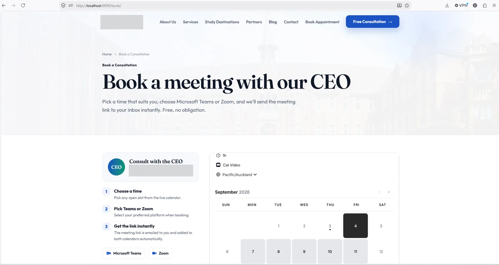 The consultation booking page, showing a three-step explanation beside an embedded scheduling calendar offering Microsoft Teams or Zoom. Organisation name redacted.