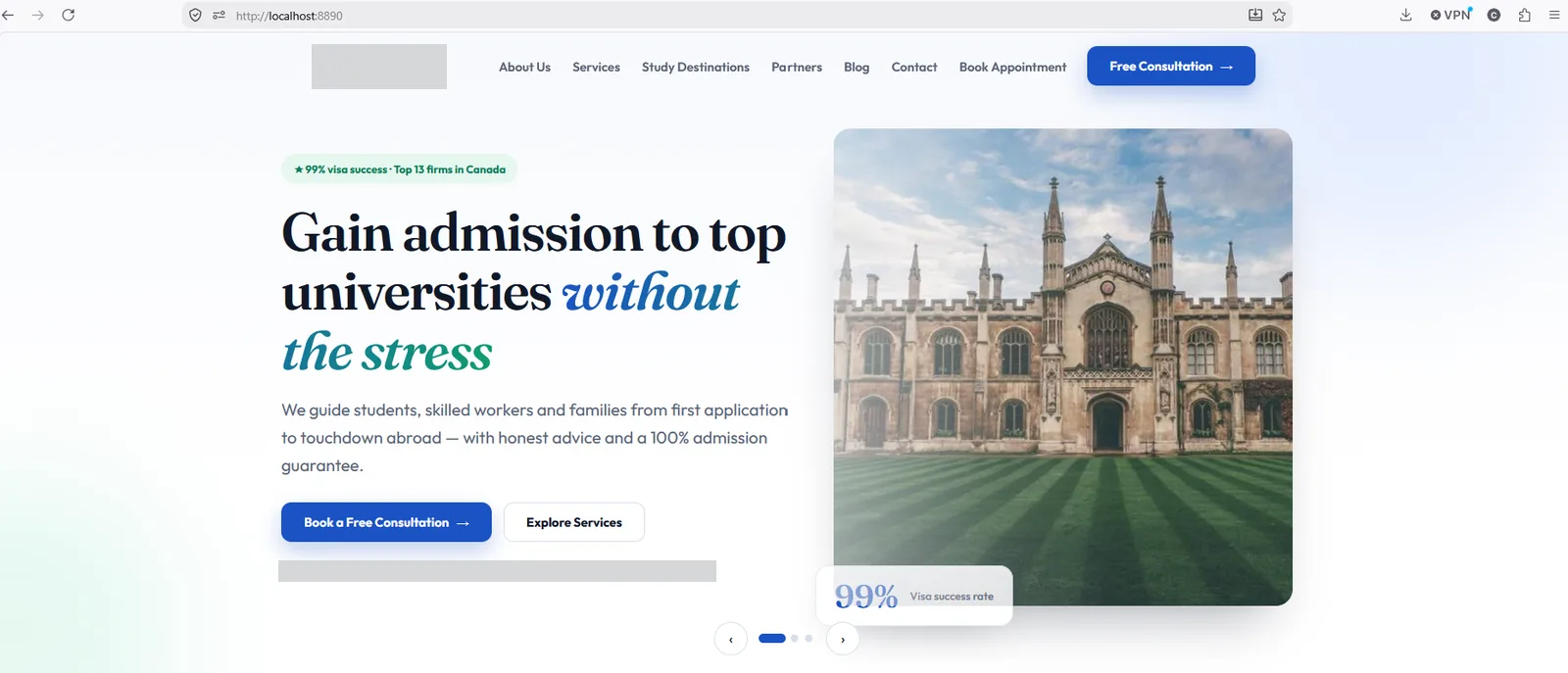 The rendered home page of the consultancy site: a hero slider with a headline, supporting copy, two calls to action and a photograph, above slider controls. Organisation logo and accreditation names redacted.