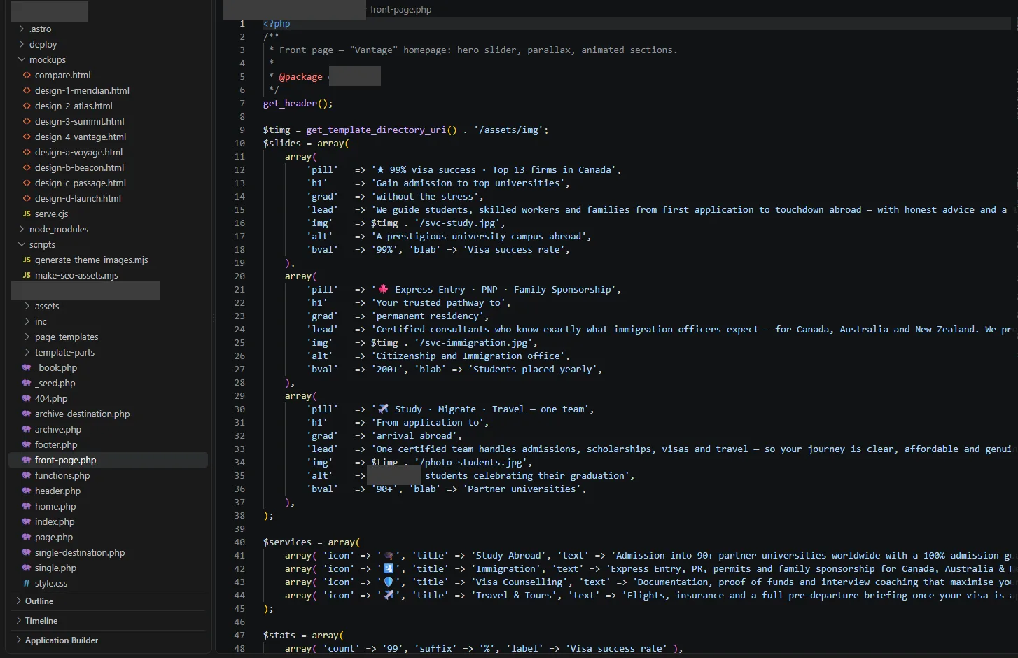 The theme source in an editor: the file tree showing page templates, includes and template parts beside the front page template. Project and organisation names redacted.